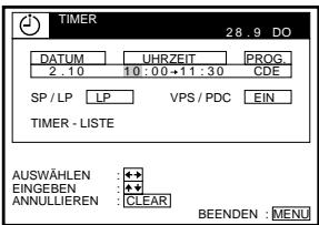 TIMER 28.9 DO DATUM UHRZEIT PROG. 2 .10 10:00-11:30 CDE SP / LP LP VPS / PDC EIN TIMER - LISTE AUSWÄHLEN EINGEBEN ANNULLIEREN : CLEAR BEENDEN : MENU
