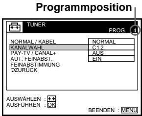 Programmposition TUNER PROG. NORMAL / KABEL NORMAL KANALWAHL C1.2 PAY-TV / CANAL+ AUS AUT. FEINABST- EIN FEINABSTIMMUNG ZURÜCK AUSWÄHLEN AUSFÜHREN OK BEENDEN : MENU