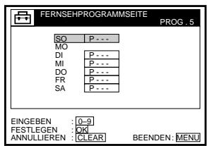 FERNSEHPROGRAMMSEITE PROG. 5 SO P --- MO DI P --- MI P --- DO P --- FR P --- SA P --- EINGEBEN : 0-9 FESTLEGEN : OK ANNULLIEREN : CLEAR BEENDEN: MENU