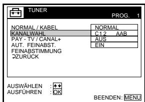 TUNER PROG. 1 NORMAL / KABEL NORMAL KANALWAHL C1.2 AAB PAY - TV / CANAL+ AUT FEINABST. FEINABSTIMMUNG ZURÜCK AUS EIN AUSWÄHLEN : + AUSFUHREN : OK BEENDEN: MENU