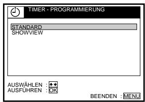 TIMER - PROGRAMMIERUNG STANDARD SHOWVIEW AUSWÄHLEN : + AUSFÜHREN : OK BEENDEN : MENU