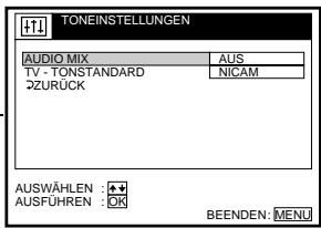 TONEINSTELLUNGEN AUDIO MIX AUS TV - TONSTANDARD NICAM ÖZURÜCK AUSWÄHLEN : + AUSFÜHREN : OK BEENDEN: MENU