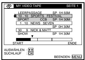 MY VIDEO TAPE SEITE 1 LEERPASSAGE SP 1H 55M 10.10 SPORTS FESTIVAL SPORT CCB SP 1H 30M 1.10 NEWS SEVEN SP 0H 30M 30.9 NICK & MATT SP 1H 30M SHOW START ENDE AUSWÄHLEN : + SUCHLAUF : OK BEENDEN: MENU
