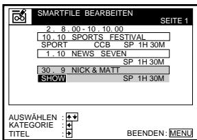 SMARTFILE BEARBEITEN SEITE 1 2. 8. 00 - 10. 10. 00 10. 10 SPORTS FESTIVAL SPORT CCB SP 1H 30M 1. 10 NEWS SEVEN SP 1H 30M 30. 9 NICK & MATT SHOW SP 1H 30M AUSWÄHLEN KATEGORIE TITEL BEENDEN: MENU