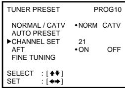TUNER PRESET PROG10 NORMAL / CATV •NORM CATV AUTO PRESET ▶CHANNEL SET 21 AFT •ON OFF FINE TUNING SELECT : [◆↓] SET : [◆→]