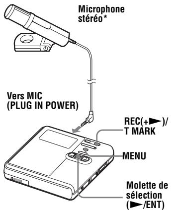 Microphone stéréo* Vers MIC (PLUG IN POWER) REC(+)/T MARK MENU Molette de sélection (►/ENT)