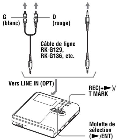 G (blanc) D (rouge) Câble de ligne RK-G129, RK-G136, etc. Vers LINE IN (OPT) REC(+►)/T MARK Molette de sélection (►/ENT)