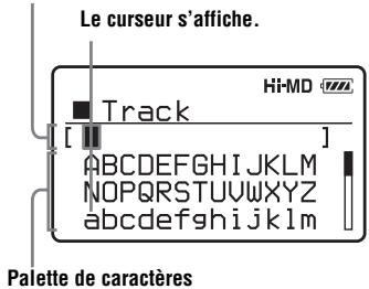 Le curseur s'affiche. Track HI-MD [ ] ABCDEFGHIJKLMNOPQRSTUVWXYZ abcdefghijklmnopqrstuvwxyz abcdefghijklmnopqrstuvwxyz Hi-MD Palette de caractères