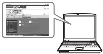 Diagram showing a laptop connected to a software interface with file icons and a magnified view of the main screen.
