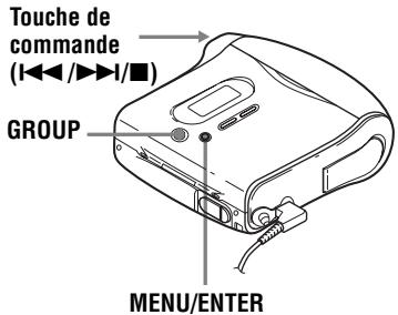 Touche de commande (I< 1 Appuyez sur GROUP pendant au moins 2 secondes pour passer en mode groupe. 2 Sélectionnez un groupe à annuler et vérifiez-en le contenu (voir « Sélection et lecture de groupes (mode saut de groupe) » (page 36)). 3 Appuyez sur ■. 4 Appuyez sur MENU. 5 Appuyez plusieurs fois sur ◀◀◀ ou sur ▶▶▶I jusqu'à ce que « EDIT » clignote dans la fenêtre d'affichage, puis appuyez sur ENTER. 6 Appuyez plusieurs fois sur ◀◀◀ ou sur ▶▶◀ jusqu'à ce que « G:Rls » clignote dans la fenêtre d'affichage, puis appuyez sur ENTER. « G:Rls? » et « ENTER » apparaissent dans la fenêtre d'affichage. 7 Appuyez sur ENTER. Le réglage de groupe du groupe sélectionné est annulé. Déplacement de plages enregistrées Vous pouvez modifier l'ordre des plages enregistrées. Exemple Déplacement de la plage C de la troisième à la deuxième position. Avant le déplacement flowchart graph TD A["A"] --> C["C"] C --> D["D"] A --> E["↓"] E --> C A --> F["A"] F --> G["C"] G --> H["B"] H --> I["D"]