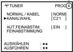 TUNER NORMAL / KABEL [NORM] ►KANALWAHL [C21] AUT.FEINABSTIM. [EIN] FEINABSTIMMUNG AUSWÄHLEN : ◆◀ AUSFÜHREN : ◆◀