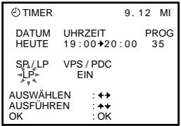 TIMER 9.12 MI DATUM UHRZEIT PROG HEUTE 19:00→20:00 35 SP/LP VPS/PDC ←LP← EIN AUSWÄHLEN :←→ AUSFÜHREN :←→ OK :OK