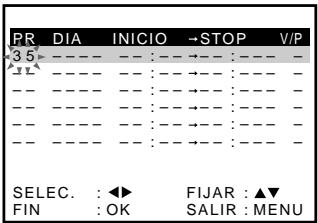 PR DIA INICIO →STOP V/P 35 --- --- : --- : --- : --- : --- SELEC. : ◀► FIJAR : ▲▼ FIN : OK SALIR : MENU