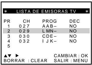 LISTA DE EMISORAS TV PR CH PROG DEC 1 0 2 7 AAB- NO 2 0 2 9 LMN- NO 3 0 3 0 CDE- NO 4 0 3 2 I J K- NO 5 ▲▼ ▶ CAMBIAR : OK BORRAR : CLEAR SALIR : MENU