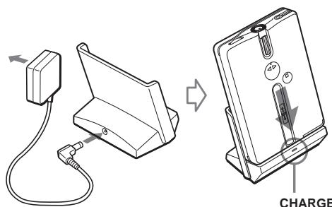 Diagram showing a charger connected to an electrical device via cable, with a separate photo of the charger mounted on a stand.