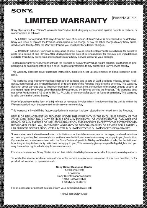 SONY WM-FX522 - LIMITED WARRANTY - 6