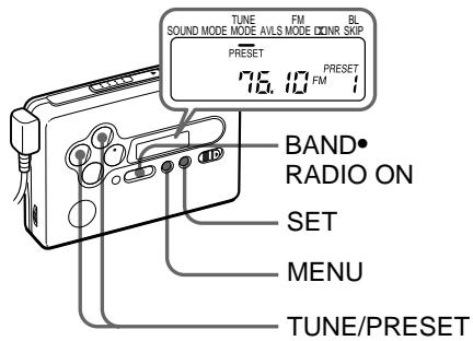 TUNE FM BL SOUND MODE MODE AVLS MODE CLKNR SKP PRESET 76.10° PRESET FM 1 BAND RADIO ON SET MENU TUNE/PRESET