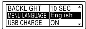 BACKLIGHT 10 SEC MENU LANGUAGE English USB CHARGE ON