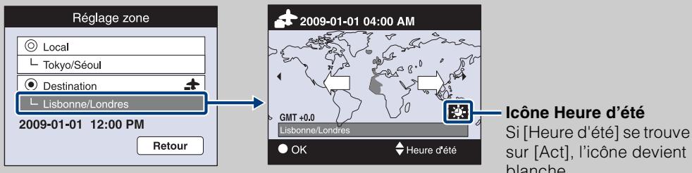 Réglage zone Local Tokyo/Séoul Destination Lisbonne/Londres 2009-01-01 12:00 PM Retour 2009-01-01 04:00 AM GMT +0.0 Lisbonne/Londres OK Heure d'été Icône Heure d'été Si [Heure d'été] se trouve sur [Act], l'icône devient blanche