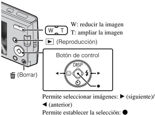 W: reducir la imagen T: ampliar la imagen (Reproducción) Botón de control DISP Permite seleccionar imágenes: ▶ (siguiente)/ ◀ (anterior) Permite establecer la selección: ●