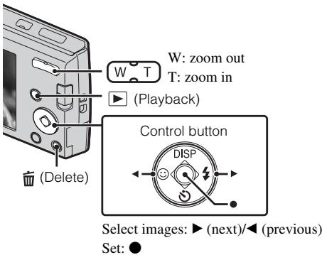 W: zoom out T: zoom in (Playback) Control button DISP (Delete) Select images: ▶ (next)/◀ (previous) Set: ●