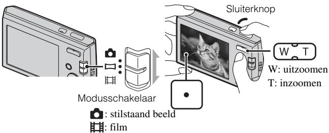 Modusschakelaar : stilstaand beeld : film Sluiterknop W: uitzoomen T: inzoomen