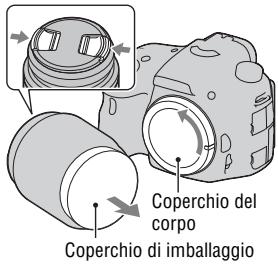 SONY A65 - Rimuovere il coperchio del corpo alla fotocamera e il coperchio di imballaggio dal retro dell'obiettivo. - 1