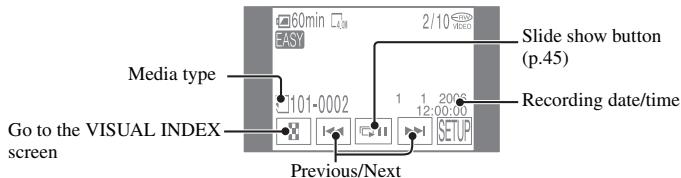60min EASY 2/10 Slide show button (p.45) Media type Go to the VISUAL INDEX screen 101-0002 1 1 200s 12:00:00 Recording date/time Previous/Next