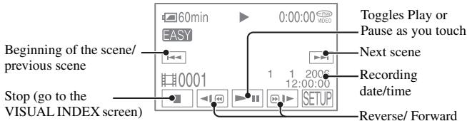 60min EASY Beginning of the scene/ previous scene Stop (go to the VISUAL INDEX screen) Toggles Play or Pause as you touch Next scene Recording date/time 1 1 2006 12:00:00 SETUP Reverse/ Forward