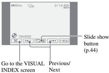 60min 4.0M 2/10 q3d3c0 100-0002 Go to the VISUAL INDEX screen Previous/ Next P-MENU Slide show button (p.44)