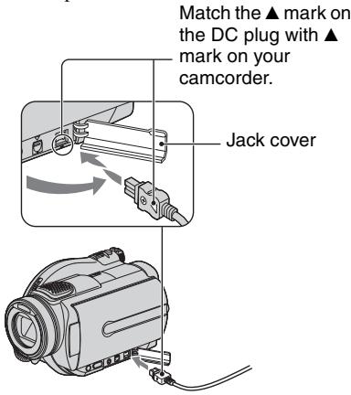 Match the ▲ mark on the DC plug with ▲ mark on your camcorder. Jack cover