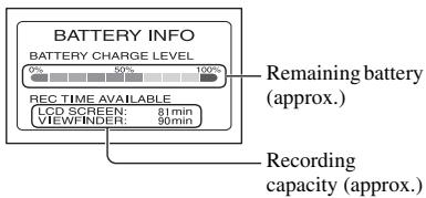 BATTERY INFO BATTERY CHARGE LEVEL 60% 100% RECE TIME AVAILABLE LCD SCREEN: 81 min VIEWPINDER: 90 min Remaining battery (approx.) Recording capacity (approx.)