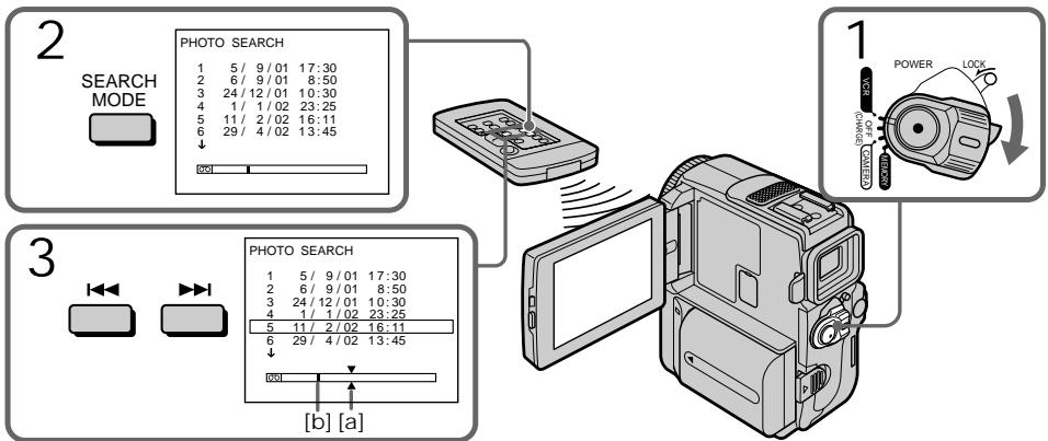 2 PHOTO SEARCH 1 5/ 9/01 17:30 2 6/ 9/01 8:50 3 24/12/01 10:30 4 1/ 1/02 23:25 5 11/ 2/02 16:11 6 29/ 4/02 13:45 051 1 POWER LOCK [OK] [OK] PHOTO SEARCH 1 5/ 9/01 17:30 2 6/ 9/01 8:50 3 24/12/01 10:30 4 1/ 1/02 23:25 5 11/ 2/02 16:11 6 29/ 4/02 13:34 051 (b) [a]