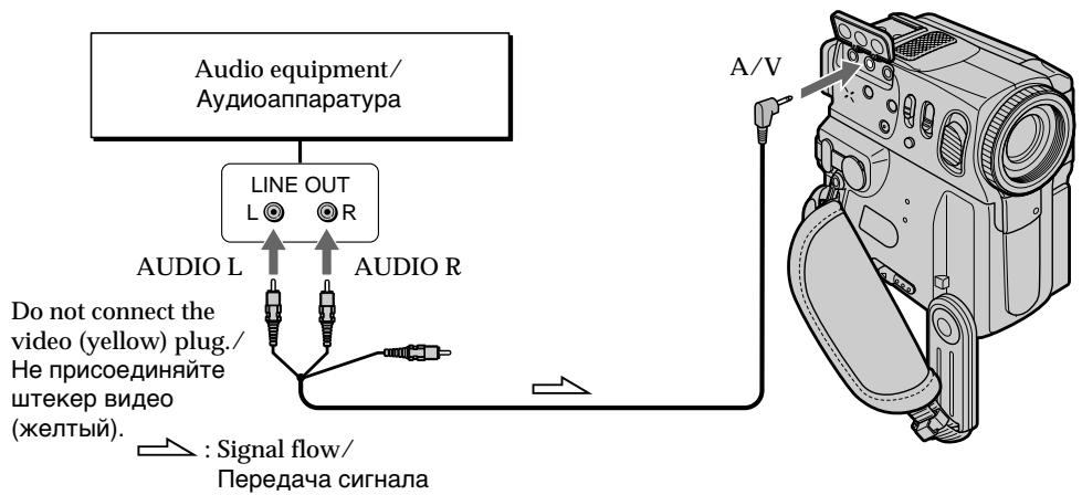 Audio equipment/ Аудиоаппаратура LINE OUT L R AUDIO L AUDIO R Do not connect the video (yellow) plug./ Не присоединяйте штекер видео (желтый). : Signal flow/ Передача сигнала A/V