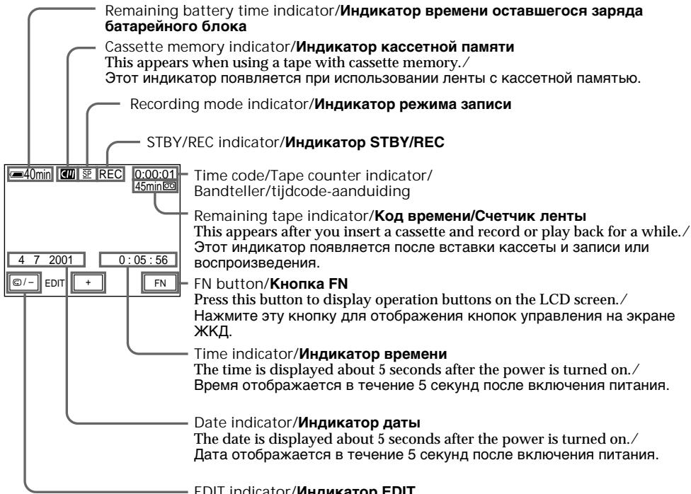 Remaining battery time indicator/Индикатор времени оставшегося заряда батарейного блока Cassette memory indicator/Индикатор кассетной памяти This appears when using a tape with cassette memory./ Этот индикатор появляется при использовании ленты с кассетной памятью. Recording mode indicator/Индикатор режима записи STBY/REC indicator/Индикатор STBY/REC Time code/Tape counter indicator/ Bandteller/tijdcode-aanduiding Remaining tape indicator/Код времени/Счетчик ленты This appears after you insert a cassette and record or play back for a while./ Этот индикатор появляется после вставки кассеты и записи или воспроизведения. FN button/Кнопка FN Press this button to display operation buttons on the LCD screen./ Нажмите эту кнопку для отображения кнопок управления на экране ЖКД. Time indicator/Индикатор времени The time is displayed about 5 seconds after the power is turned on./ Время отображается в течение 5 секунд после включения питания. Date indicator/Индикатор даты The date is displayed about 5 seconds after the power is turned on./ Дата отображается в течение 5 секунд после включения питания. EDIT indicator/Индикатор EDIT