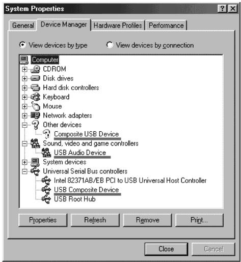 System Properties General Device Manager Hardware Profiles Performance View devices by type View devices by connection Computer CDROM Disk drives Hard disk controllers Keyboard Mouse Network adapters Other devices Composite USB Device Sound, video and game controllers USB Audio Device System devices Universal Serial Bus controllers Intel 82371AB/EB PCI to USB Universal Host Controller USB Composite Device USB Root Hub Properties Refresh Remove Print... Close Cancel