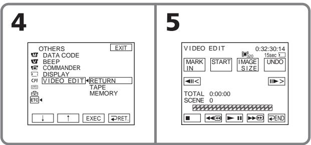 4 OTHERS EXIT DATA CODE BEEP COMMANDER DISPLAY VIDEO EDIT RETURN TAPE MEMORY BTO ↓ ↑ EXEC ←RET. 5 VIDEO EDIT 0:32:30:14 MARK START IMAGE UNDO IN SIZE UNDO <<>< > TOTAL 0:00:00 SCENE 0 ■ <<——> ▶ → > END