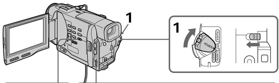 Diagram showing a video camera with labeled parts and a close-up of the power switch mechanism.