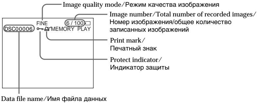 Image quality mode/Режим качества изображения Image number/Total number of recorded images/ Номер изображения/общее количество записанных изображений DSC00006 FINE 6 / 100 DYMEMORY PLAY Print mark/ Печатный знак Protect indicator/ Индикатор защиты Data file name/Имя файла данных