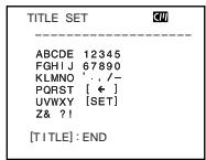TITLE SET ---- ABCDE 12345 FGHI J 67890 KLMNO ', . , /- PQRST [ ← ] UVWXY [SET] Z& ?! [TITLE]: END