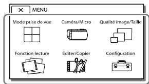 MENU Mode prise de vue Caméra/Micro Qualité image/Taille Fonction lecture Éditer/Copier Configuration