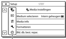 Setup STBY Media-instellingen Medium selecteren Intern geheugen Media-info Formatteren Bld. db. best. repar.