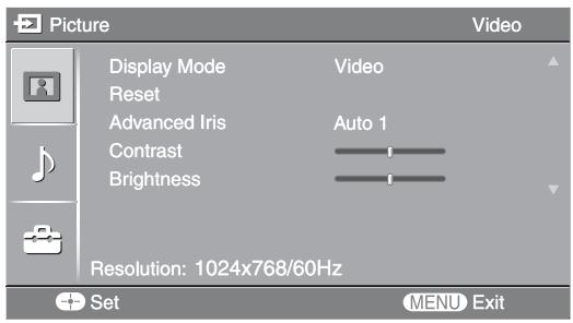 Picture Display Mode Reset Advanced Iris Contrast Brightness Video Auto 1 Resolution: 1024x768/60Hz Set MENU Exit