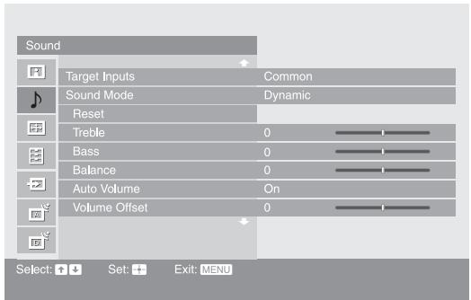 Sound Target Inputs Common Sound Mode Dynamic Reset Treble 0 Bass 0 Balance 0 Auto Volume On Volume Offset 0 Select: Set: Exit: MENU