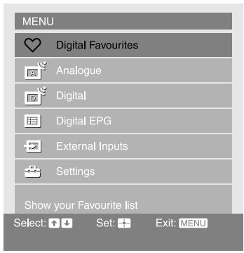 MENU Digital Favourites Analogue Digital Digital EPG External Inputs Settings Show your Favourite list Select: ↑ ↓ Set: + - Exit: MENU
