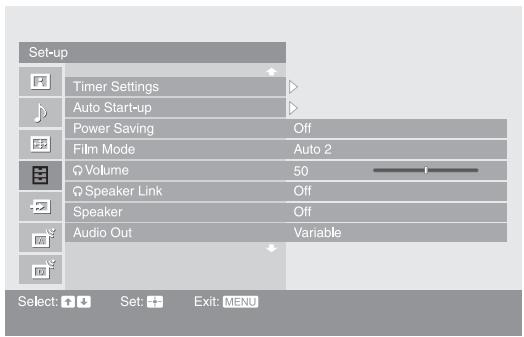 Set-up Timer Settings Auto Start-up Power Saving Off Film Mode Auto 2 Volume 50 Speaker Link Off Speaker Off Audio Out Variable Select: Set: Exit: MENU