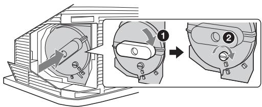 Diagram showing a mechanical device with two labeled parts (① and ②) illustrating the process of rotation or assembly.