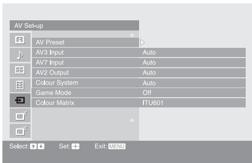 AV Set-up AV Preset AV3 Input Auto AV7 Input Auto AV2 Output Auto Colour System Auto Game Mode Off Colour Matrix ITU601 Select Set Exit: MENU