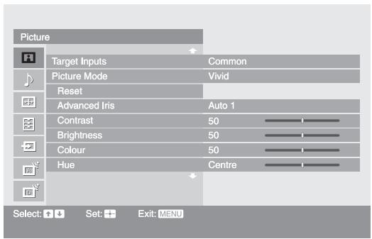 Picture Target Inputs Common Picture Mode Vivid Reset Advanced Iris Auto 1 Contrast 50 Brightness 50 Colour 50 Hue Centre Select: Set: Exit: MENU