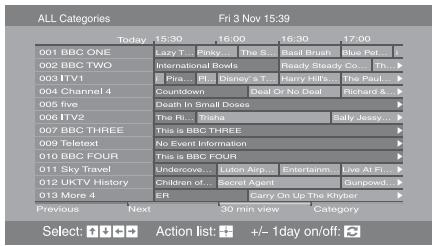 ALL Categories Fri 3 Nov 15:39 Today 15:30 16:00 16:30 17:00 001 BBC ONE Lazy T... Paine... The B... Basil Brush Blue Pet... 002 BBC TWO International Bowls Ready Steady Co... Th... 003 ITV1 Pira... S. Disney's T... Harry Hell's The Paul... 004 Channel 4 Countdown Deal Or No Deal Richard & 005 five Death In Small Doses 006 ITV2 The Ri... Trisha Sally Jessy... 007 BBC THREE This is BBC THREE 009 Teletext No Event Information 010 BBC FOUR This is BBC FOUR 011 Sky Travel Undercove... Luton Airp... Entertainm... Live At Fi... 012 UKTV History Children of... Secret Agent Gunpowd... 013 More 4 ER Carry On Up The Khyber Previous Next 30 min view Category Select: Action list: +/- 1day on/off: